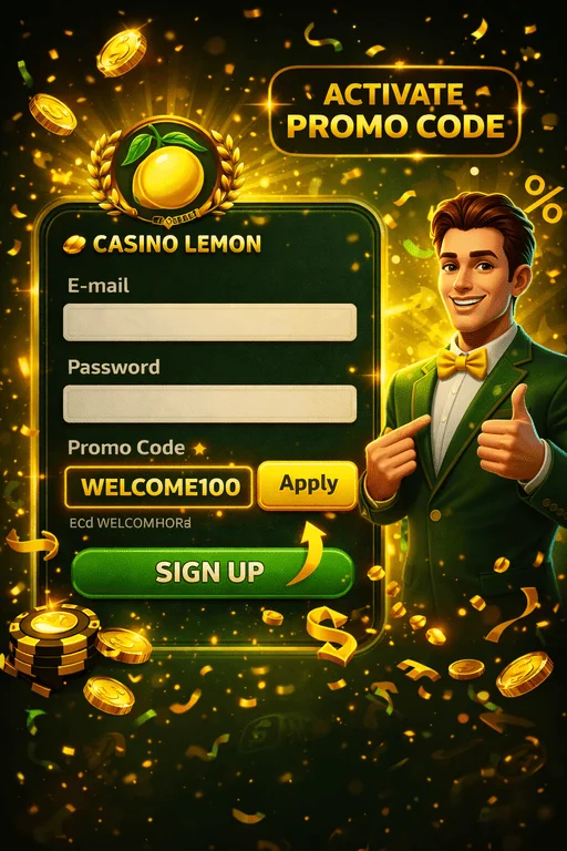 Lemon Casino promóciós kód mező a regisztráció során új bónusz aktiválásához