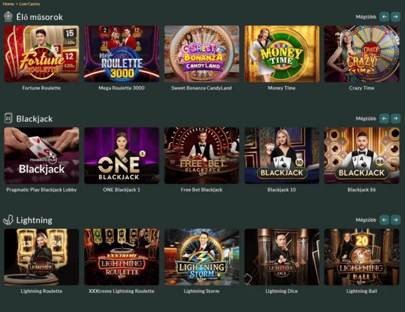 A Casino Lemon élő kaszinó főoldala valós idejű asztalokkal és osztós játékokkal